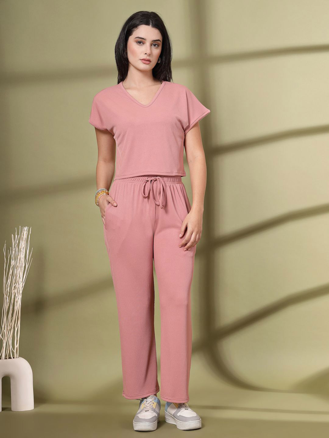 CHKOKKO V-Neck Casual Summer Top With Trousers