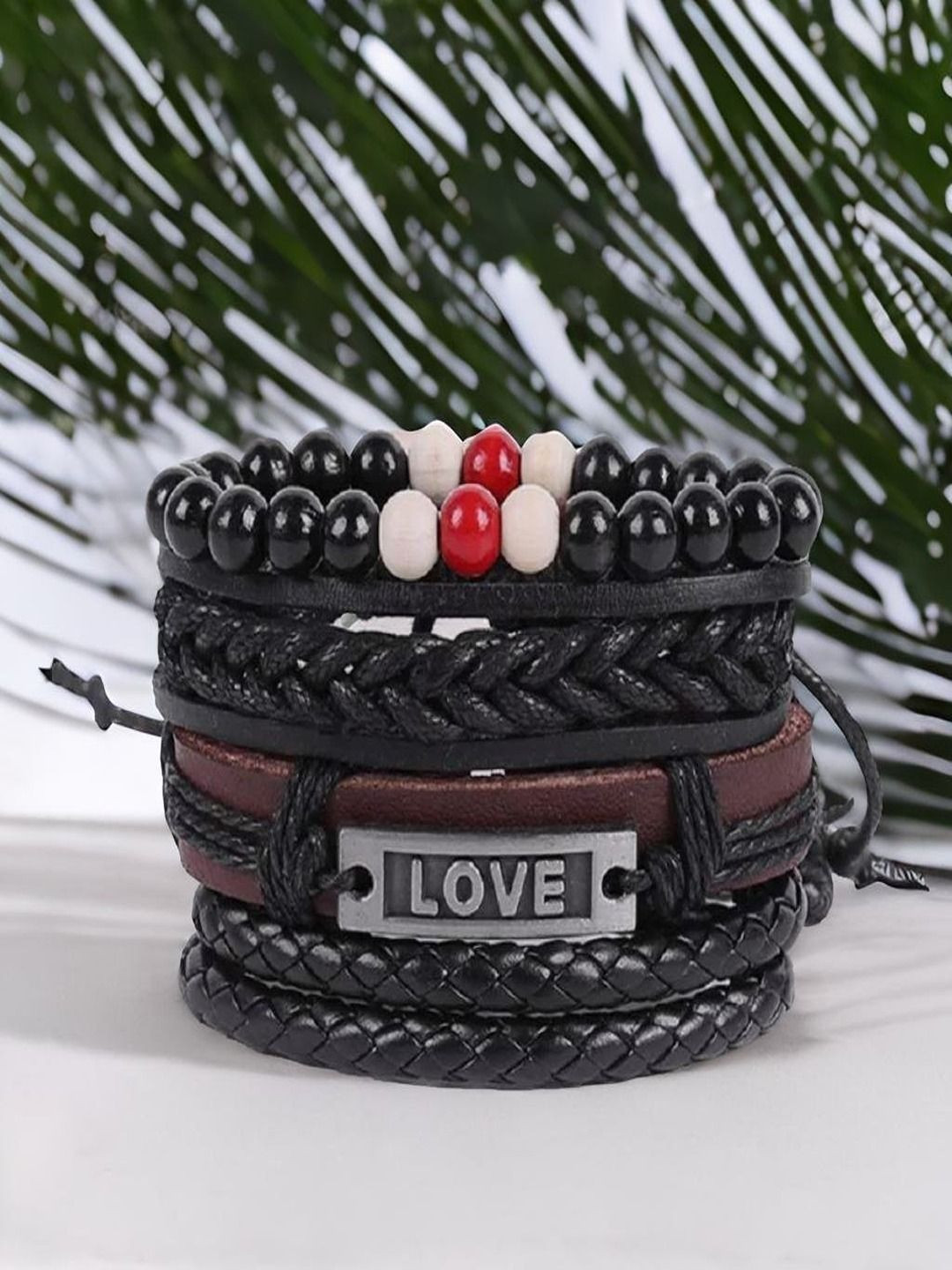 The Roadster Lifestyle Co. Set Of 4 Love Engraved Beaded Leather Wrist Wrap Bracelet