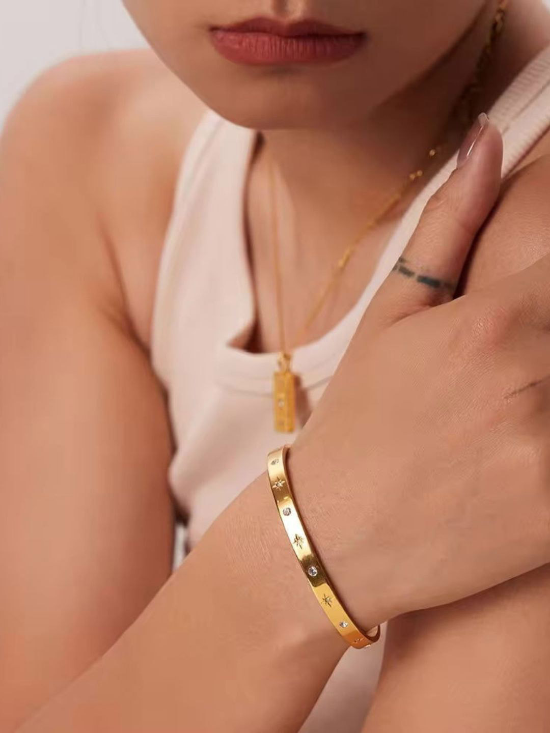 SHVETAH Stainless Steel Gold-Plated Starlight Cuff Bracelet