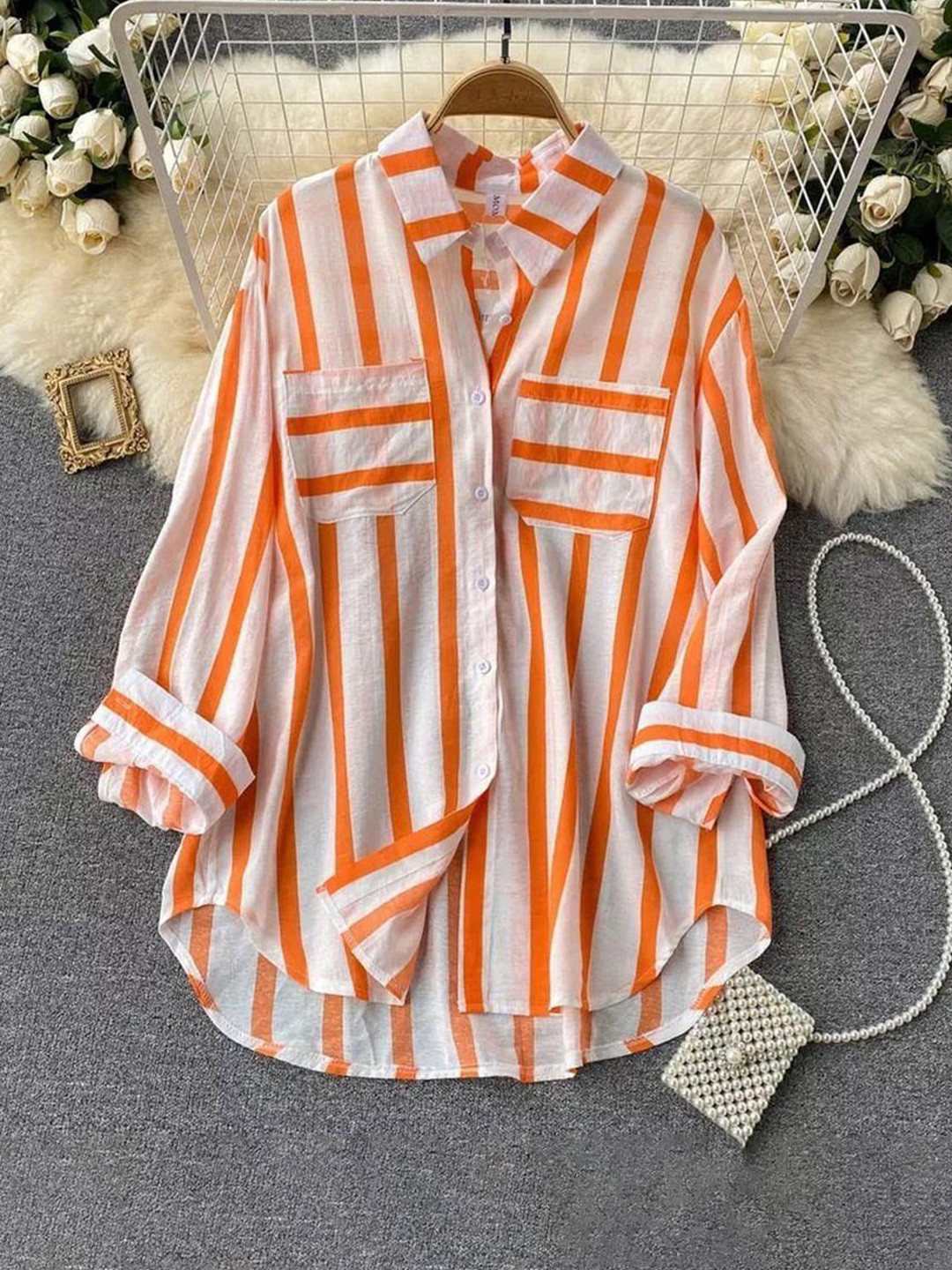 Miss Mosa By Akanksha  Orange Ibiza Striped Holiday Shirt