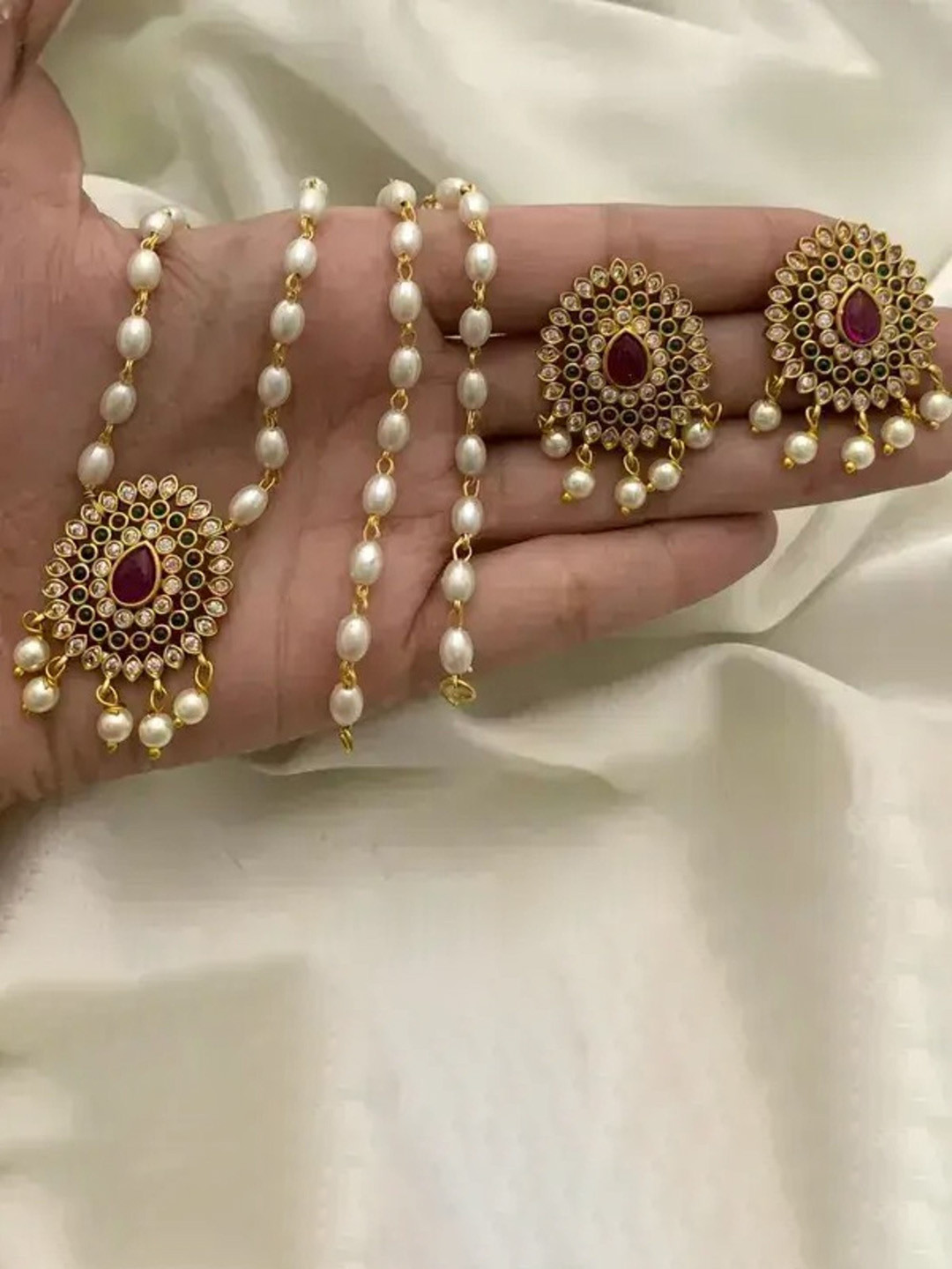 ROFARWORD Gold-Plated Cubic Zirconia Stones Studded & Pearls Beaded Jewellery Set