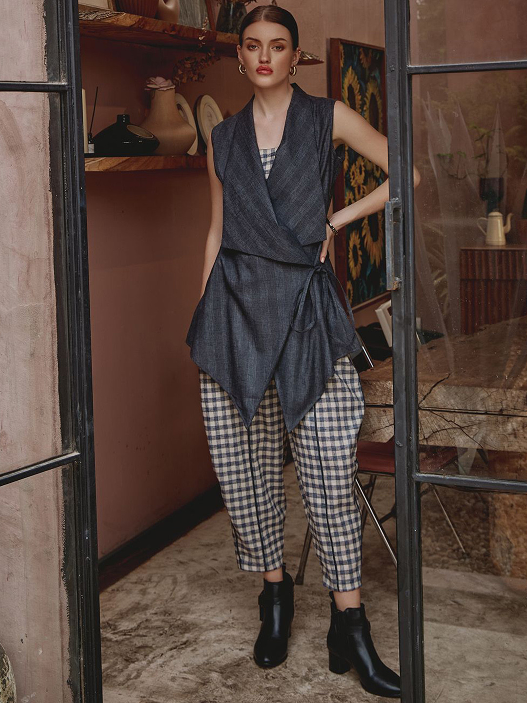 HOUSE OF FETT Checked Shoulder Strap Linen Top And Trouser With Jacket