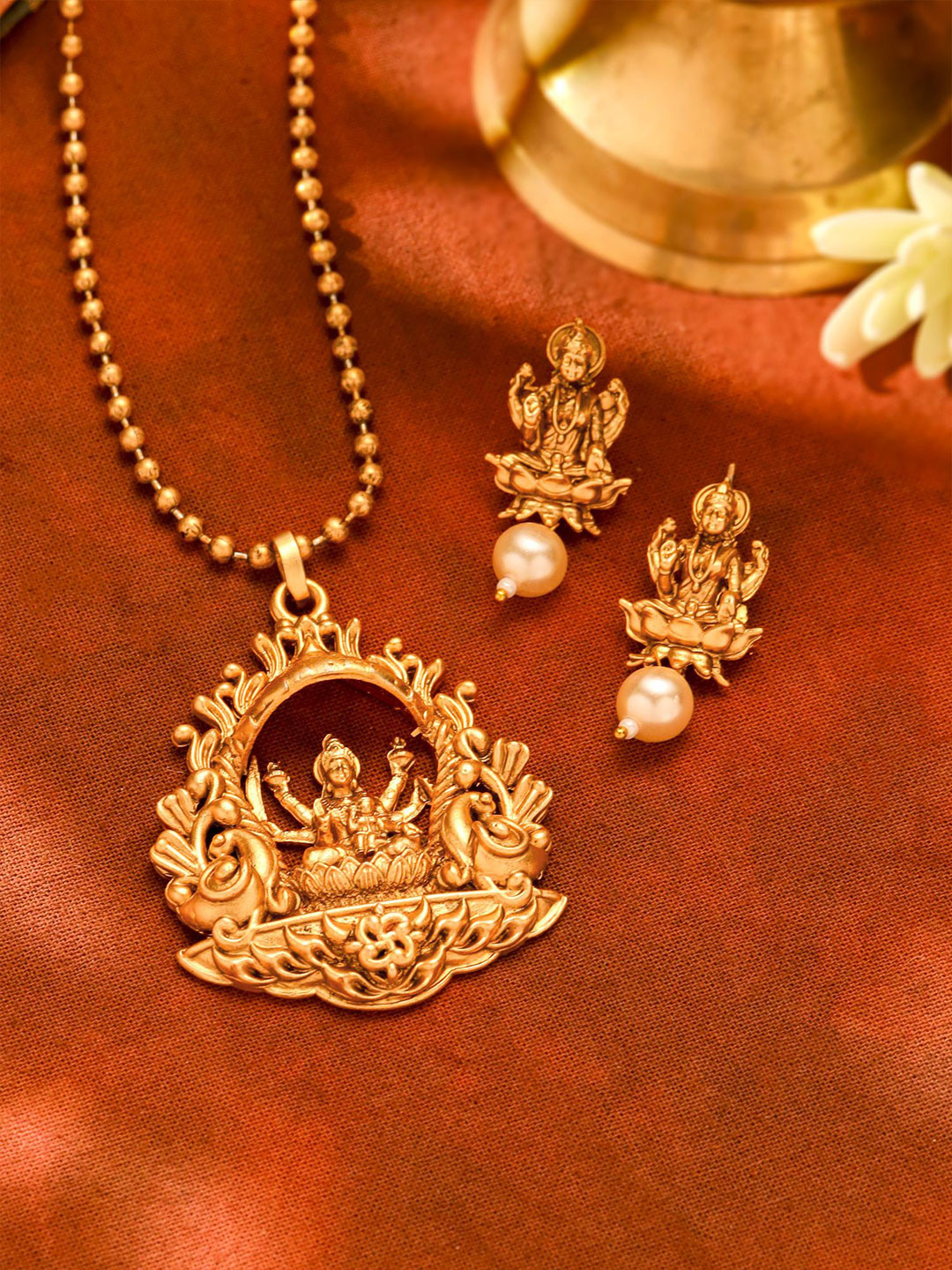 Yellow Chimes Gold-Plated Beaded Temple Long Chain Lakshmi Goddess Jewellery Set