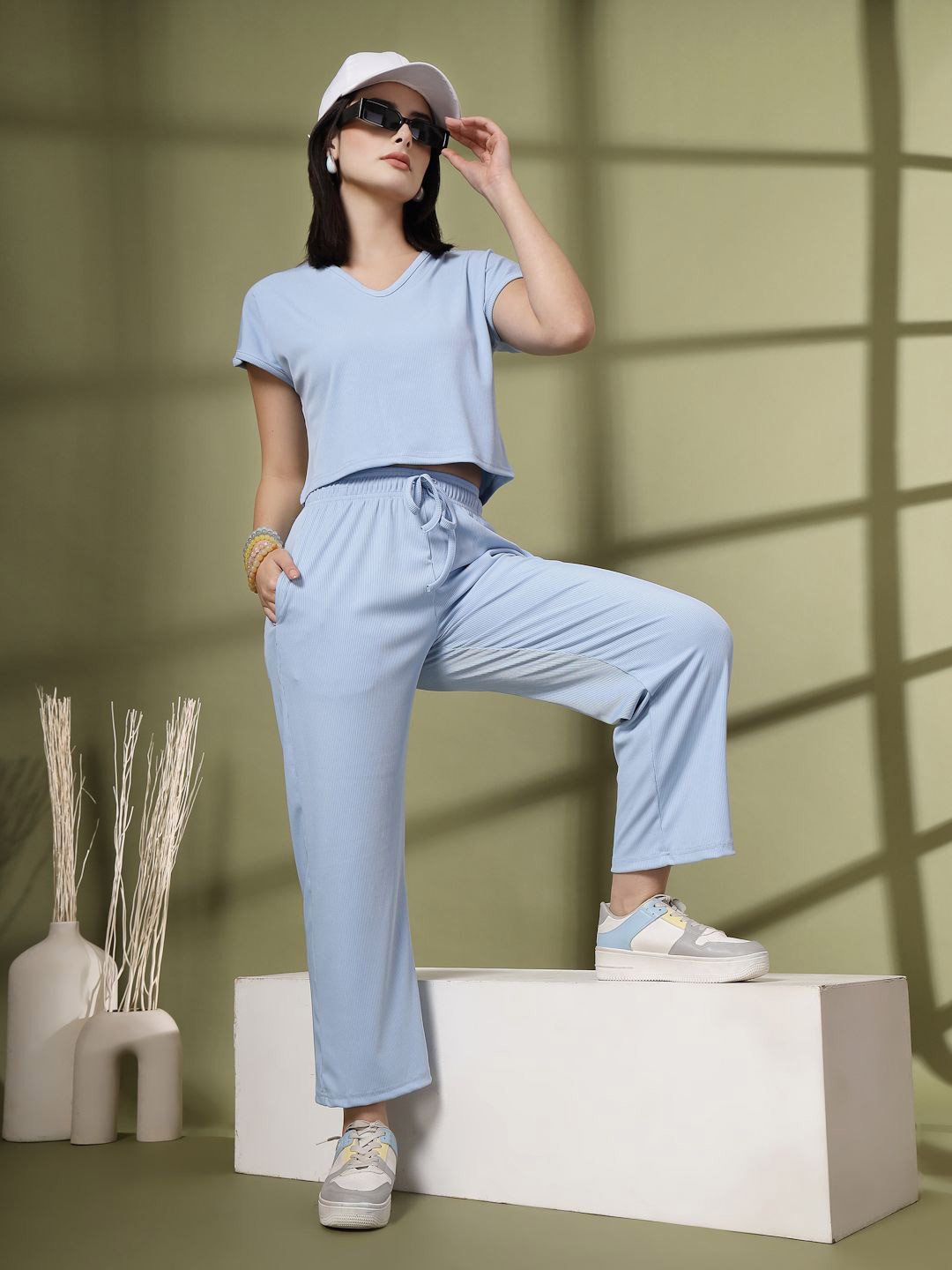 CHKOKKO V-Neck Casual Summer Top With Trousers