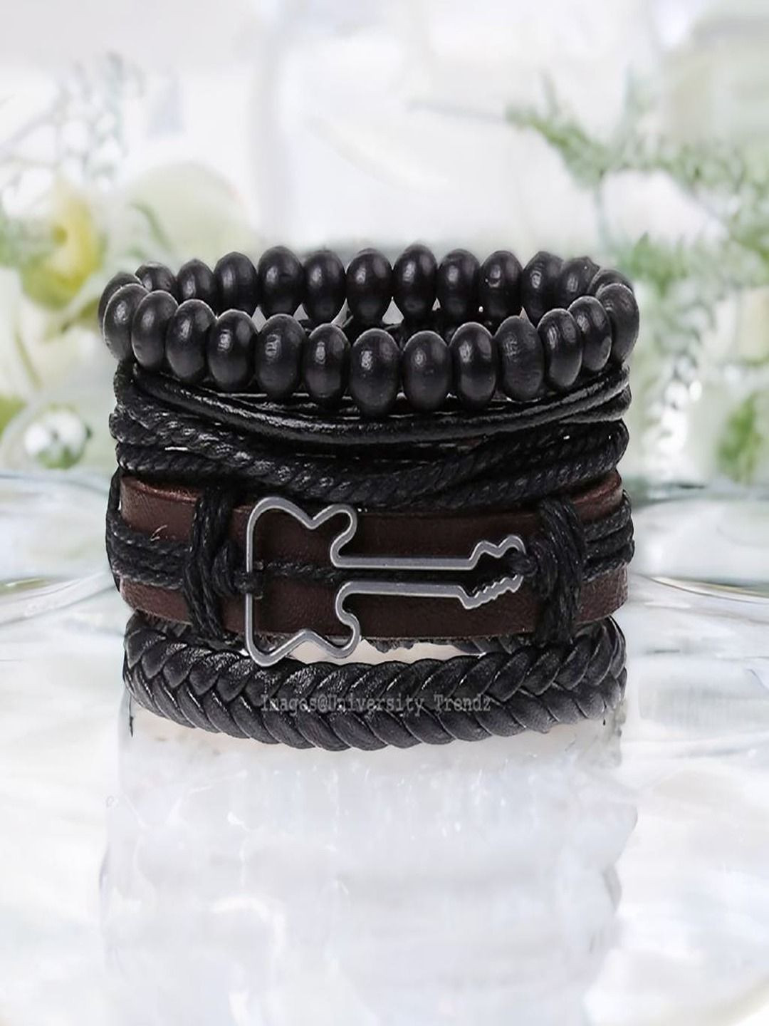 The Roadster Lifestyle Co. Men's Beaded Black Guitar Design Leather Bracelet