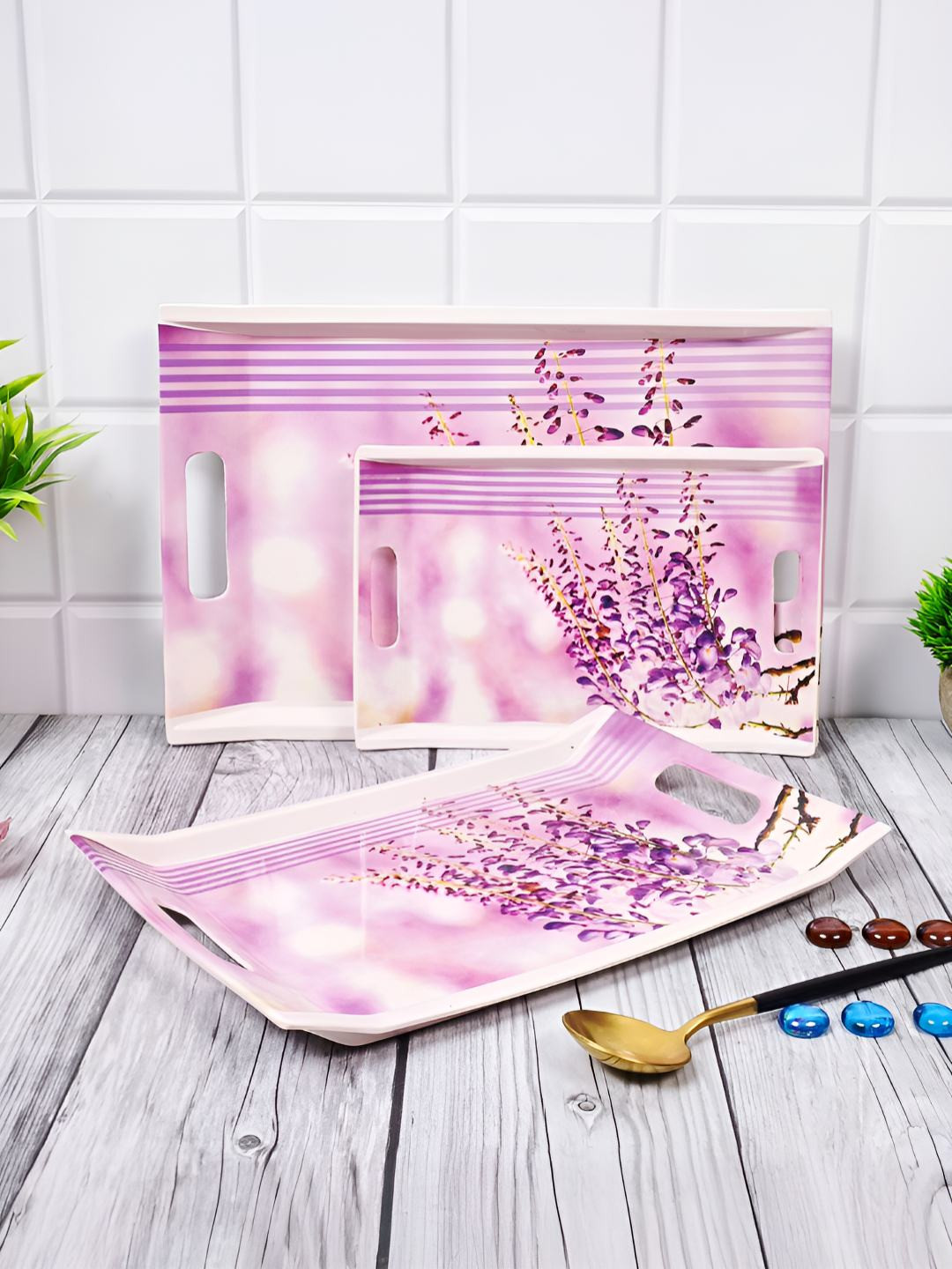 UPC Pink And White 3 Pieces Printed Melamine Dishwasher Safe Serving Tray