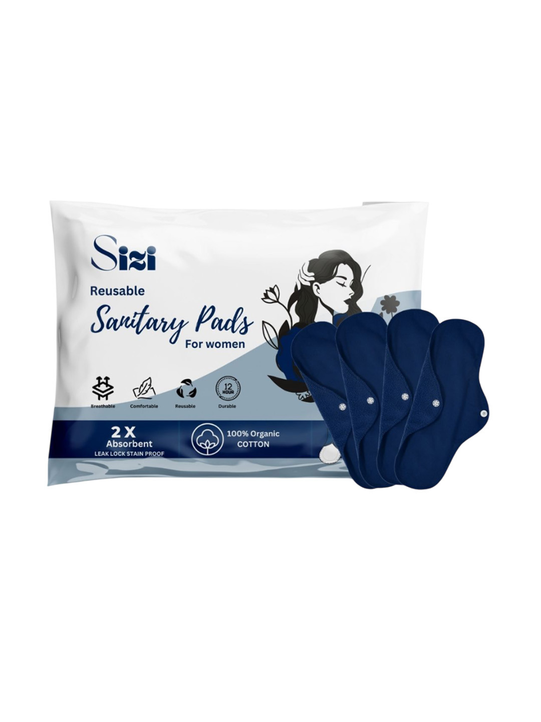 Sizi Super Absorbent Washable & Reusable Eco-Friendly Sanitary Napkins - XL - 4 Pads