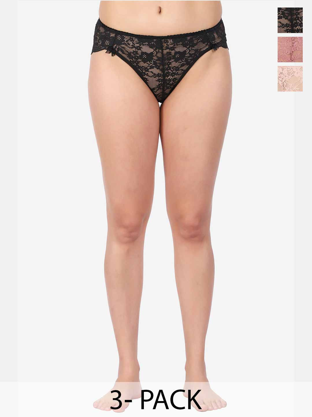 Fleurt Women Pack Of 3 Self Design Assorted Lace Hipster Briefs - HOBFPT3-OS-20