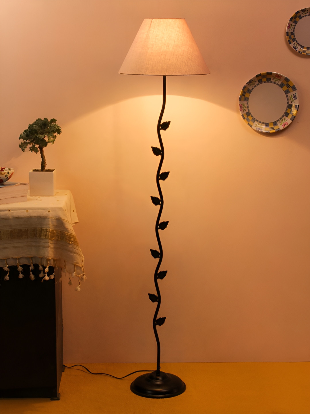 Devansh Black & Grey Textured Frustum Shaped Cotton Leaf Floor Lamp With Shade