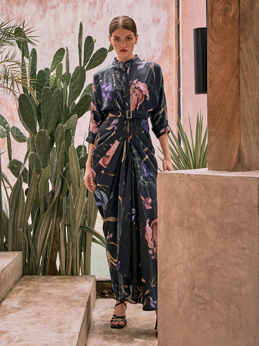 HOUSE OF FETT Floral Print Mandarin Collar Gown Maxi Dress