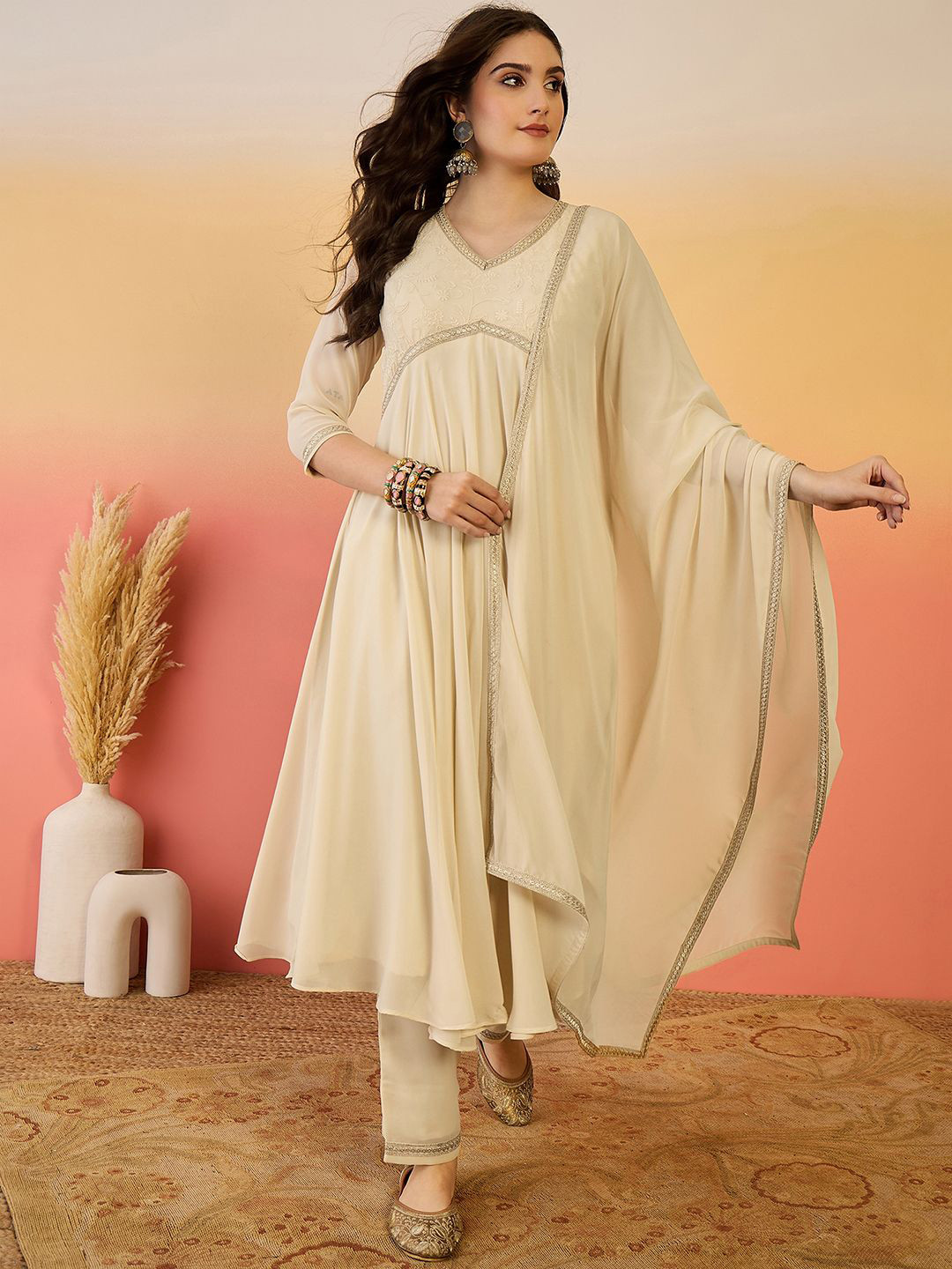 Sangria Floral Embroidered Zari Alia Cut Georgette Kurta With Trousers & Dupatta