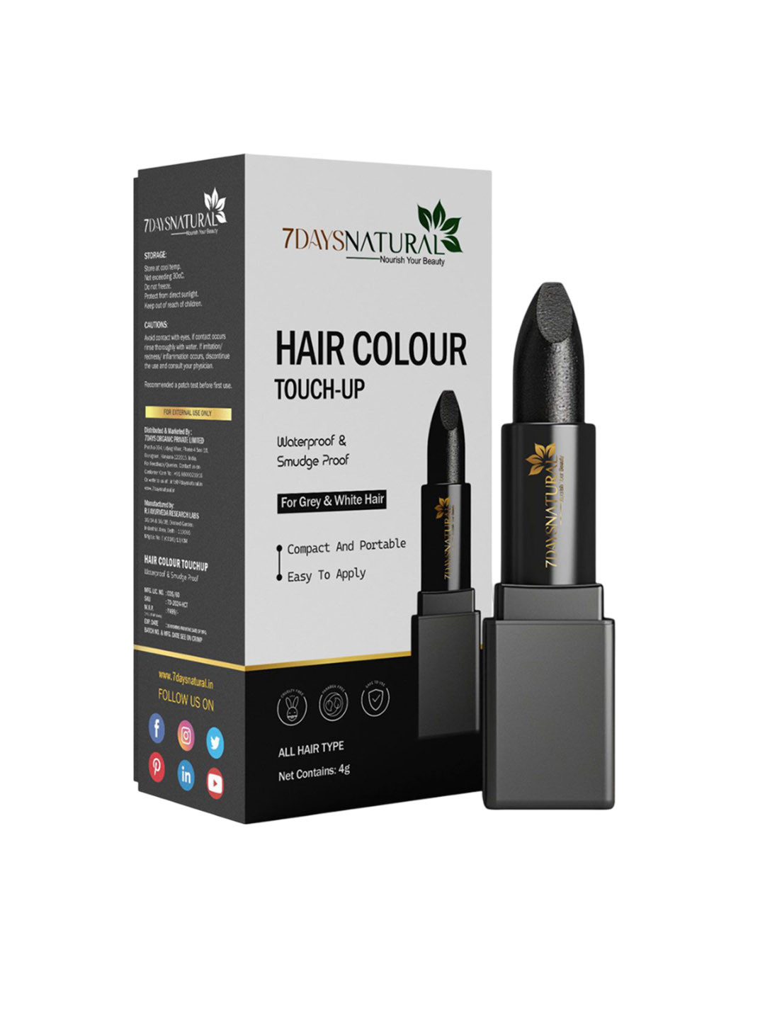 7DAYSNATURAL Natural Water Proof & Smudge Proof Hair Colour Touch-Up Stick - 4 g - Black