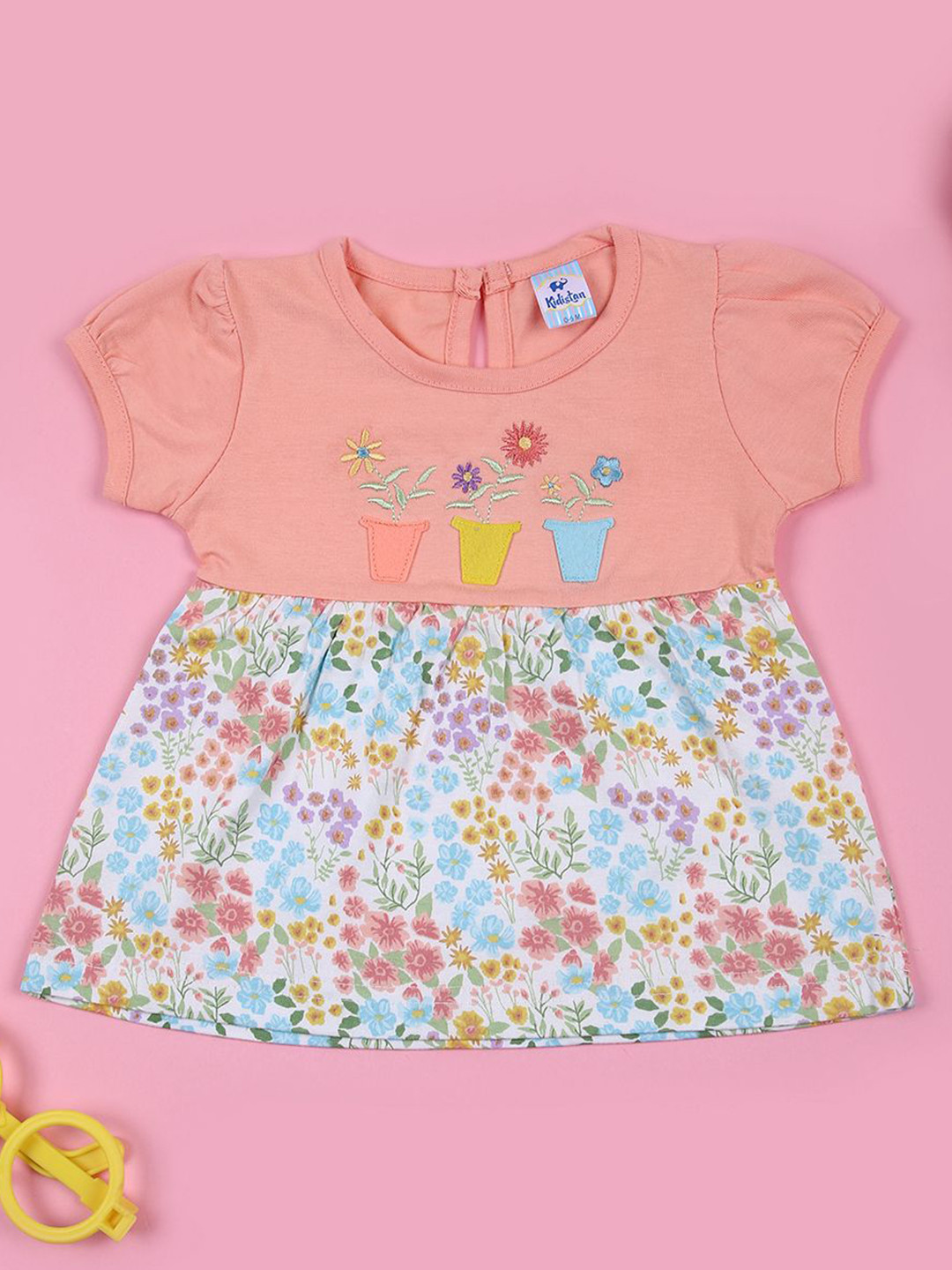 V-Mart Girls Floral Printed Puff Sleeve Cotton Fit & Flare Dress