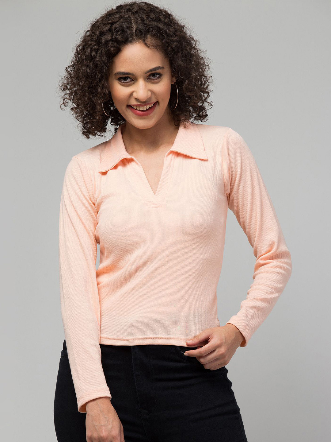 Swaggish Ribbed Shirt Collar Fitted Top