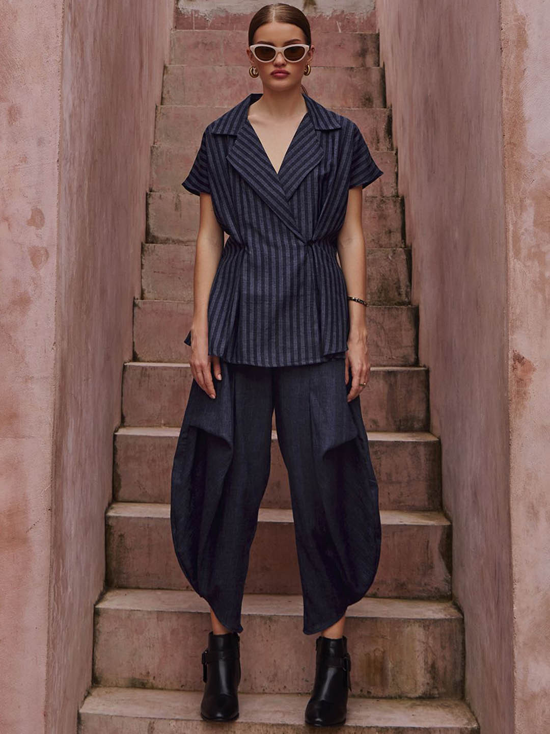 HOUSE OF FETT Striped Laple Collar Linen Top With Trouser