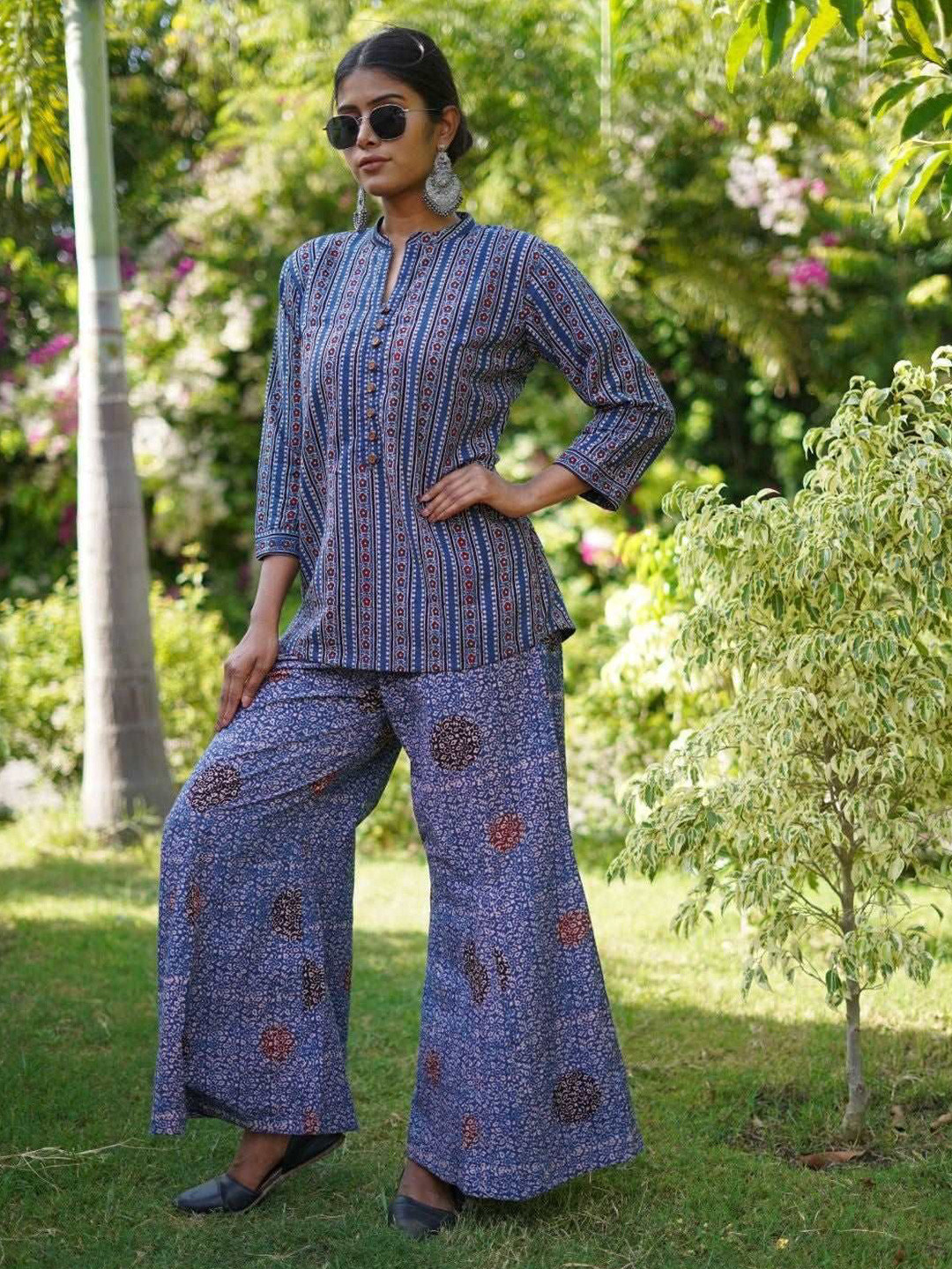 THE VASILIKI Women Blue Mandarin Collar Top With Ajrakh Hand Block-Print