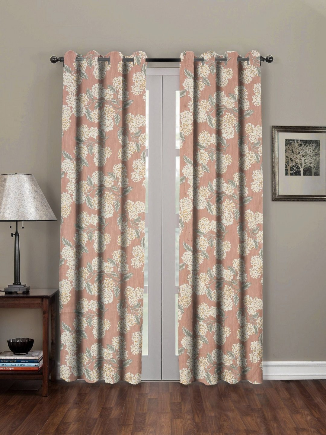 RRC Coral & Cream 2 Pieces Floral Printed Microfiber Cotton Room Darkening Door Curtain