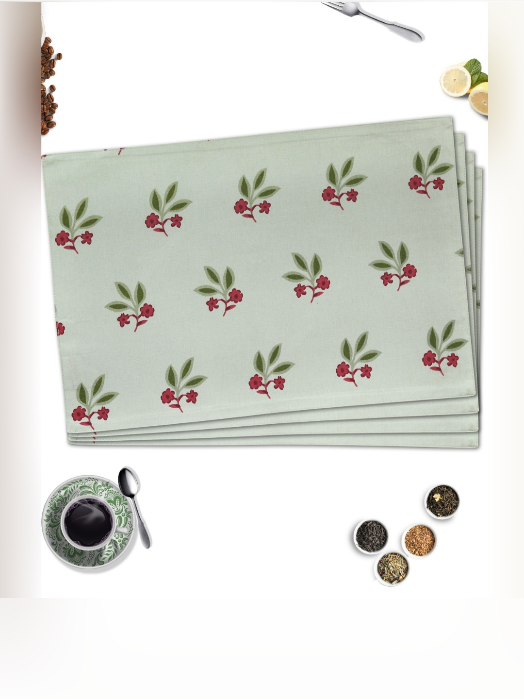 HOME COLORS.IN Green & Red 4 Pieces Floral Printed Cotton Table Placemats