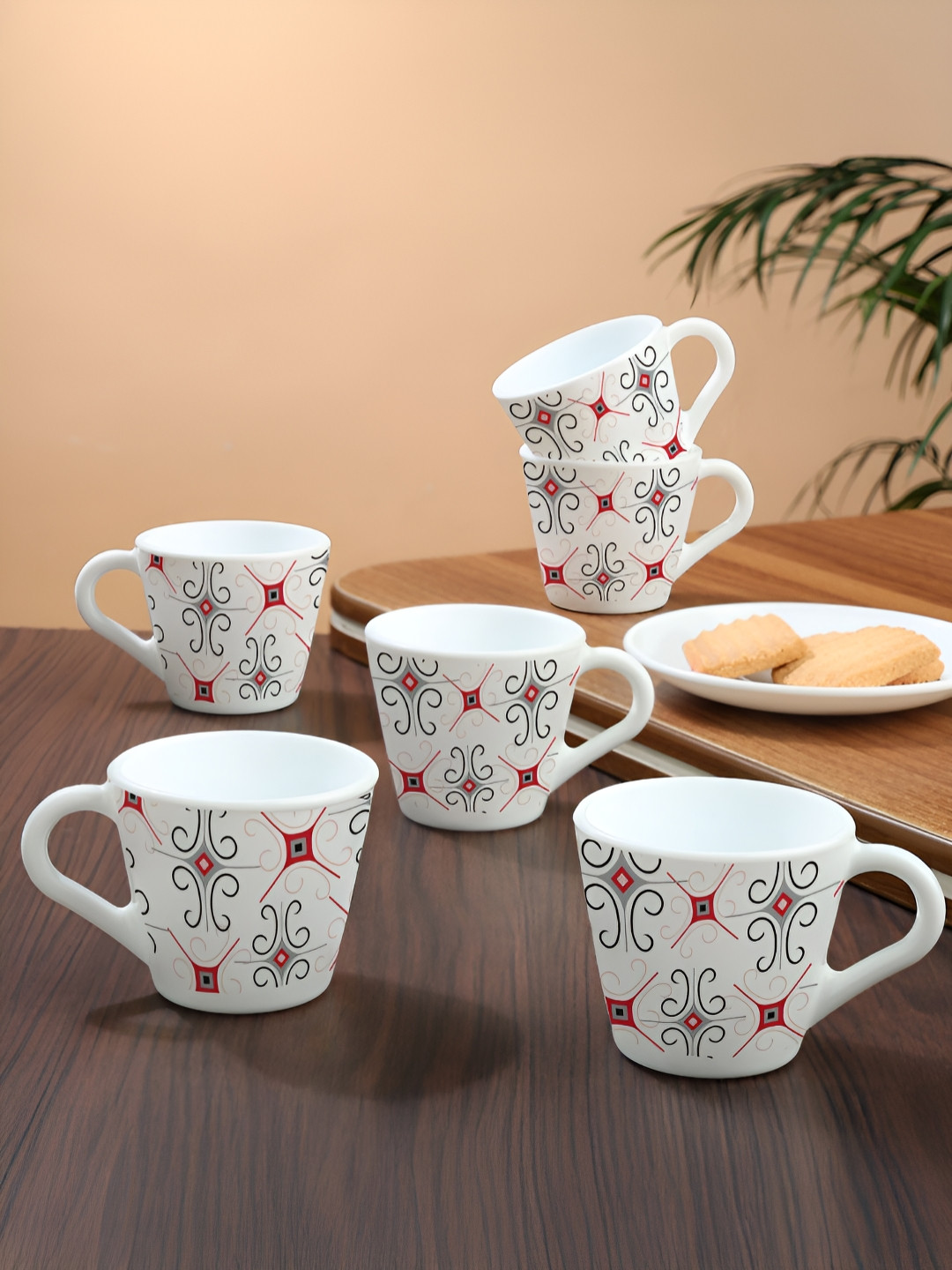 Larah by BOROSIL Novelty Series Anya White 6 Pcs Printed Opalware Matte Mugs 110 Ml