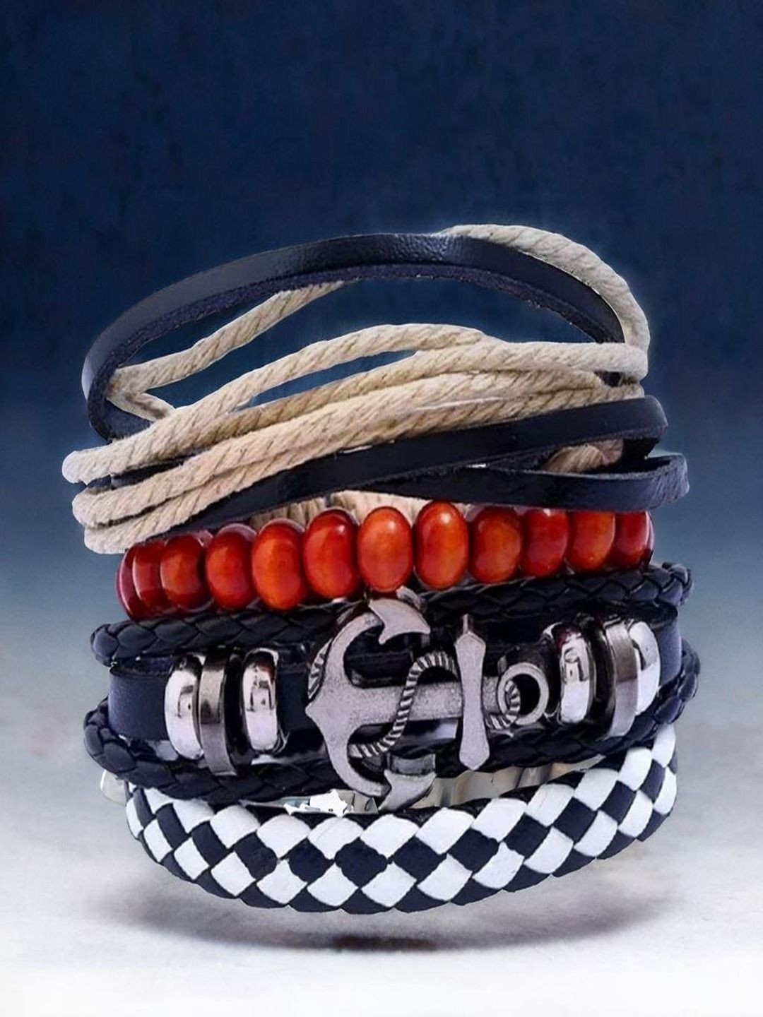 The Roadster Lifestyle Co. Men's Braided Pu Leather Street Sea Anchor Bracelet