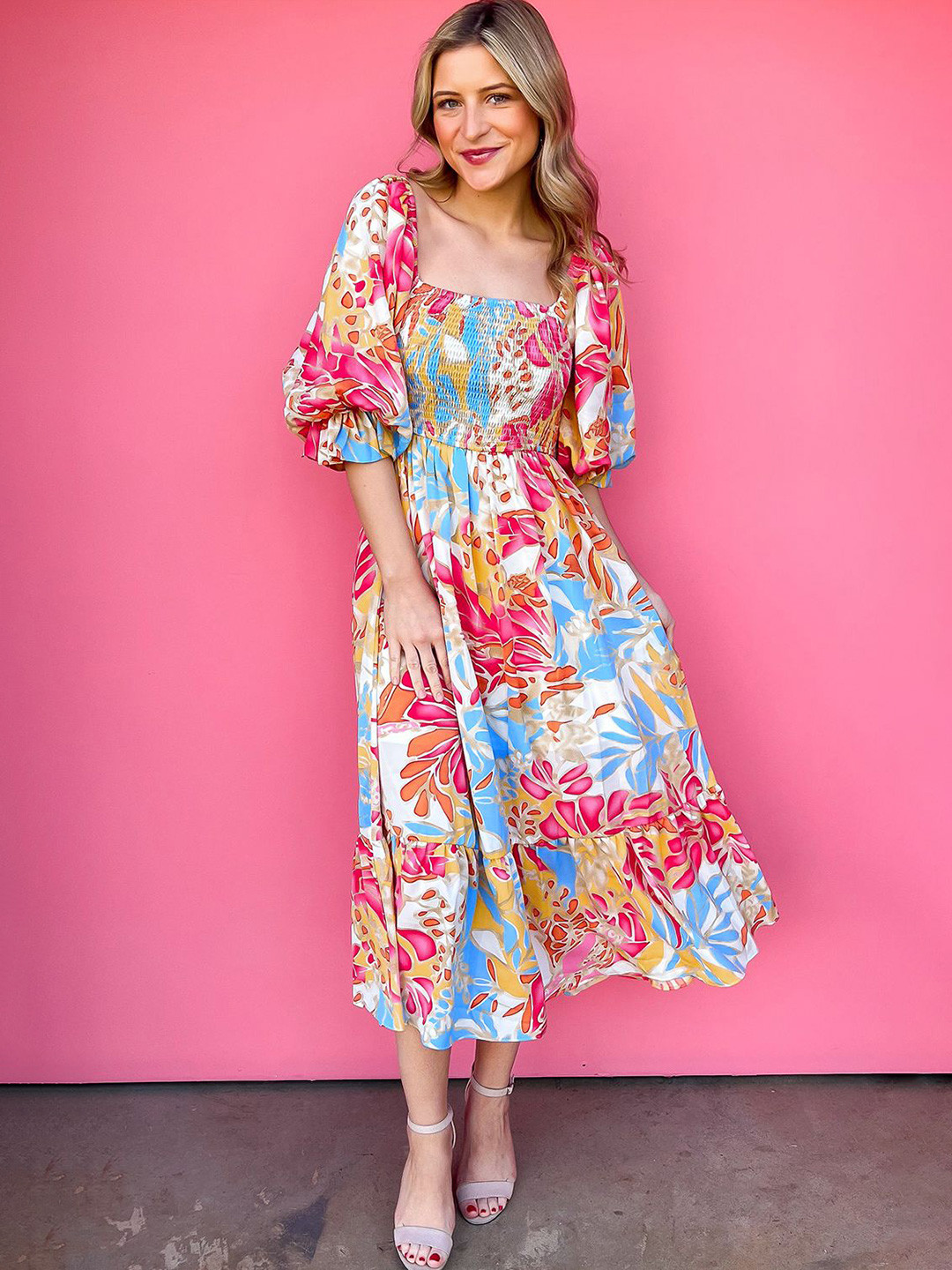 Errabelly Rose Red Tropical Print Smocked Bodice Puff Sleeve Maxi Dress