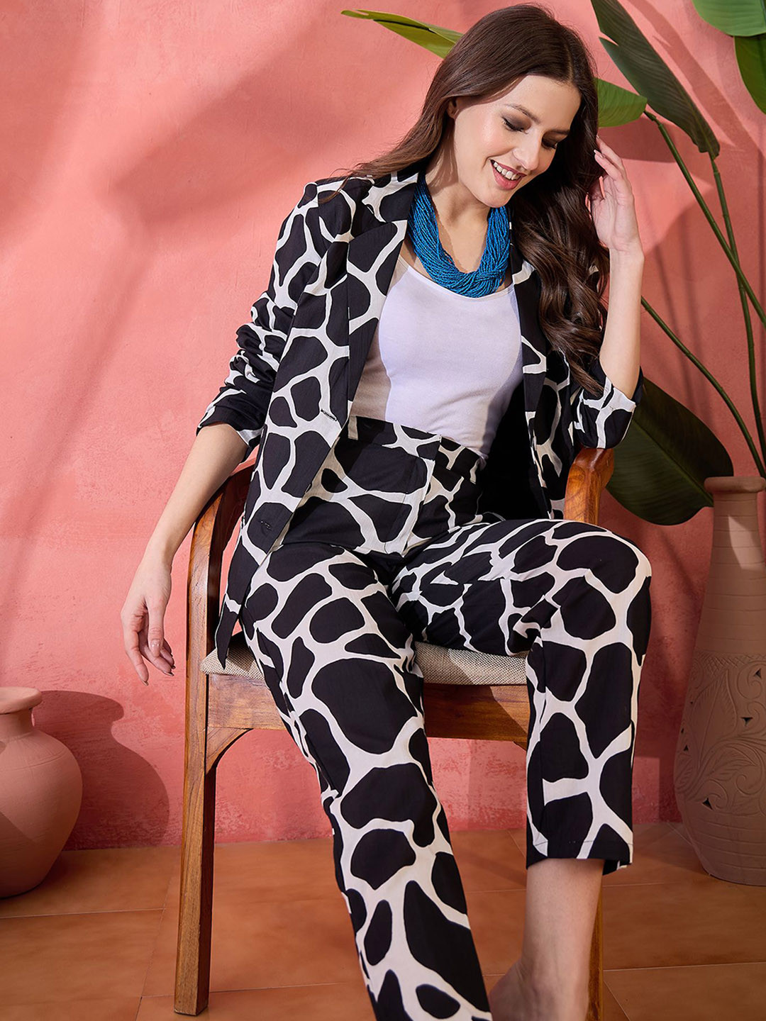 Sangria Animal Printed Pure Cotton Blazer And Trousers