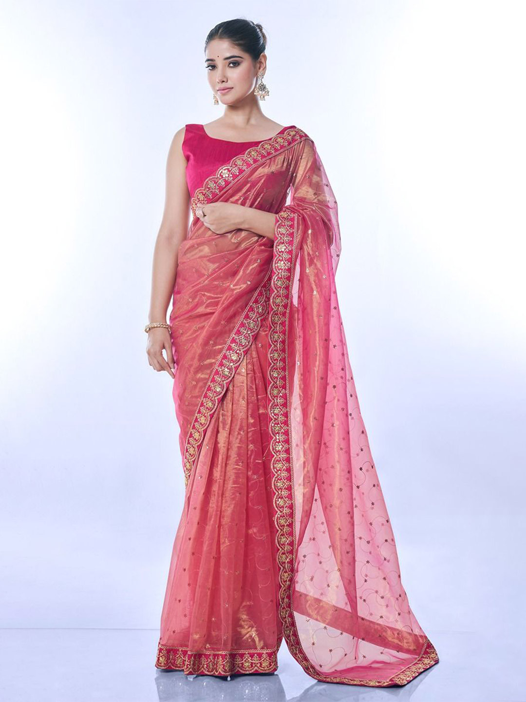 DIVASTRI Embroidered Embellished Sequinned Net Saree With Unstitched Blouse Piece