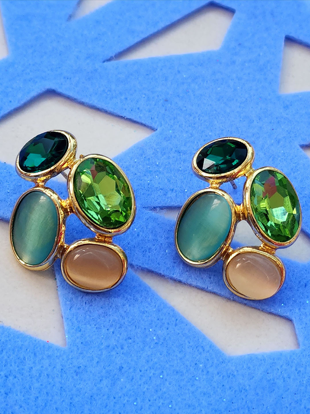 DKane Designs Stainless Steel Gold-Plated Crystals Studded Contemporary Shaped Studs