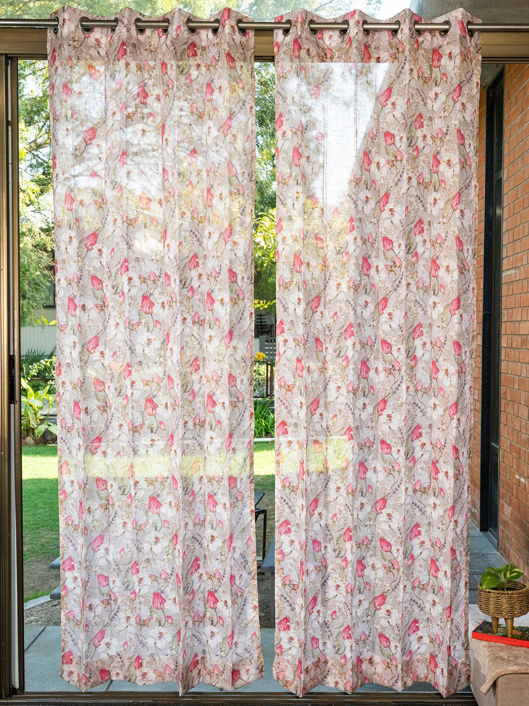 URBAN SPACE Grey & Pink Pack of 2 Floral Printed Coastal Tides Sheer Long Door Curtains