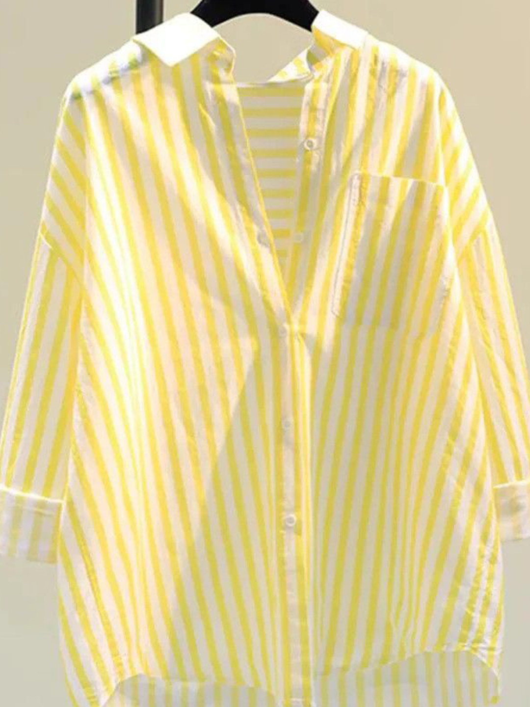 Miss Mosa By Akanksha  Yellow Lotus Striped Summer Oversized Shirt