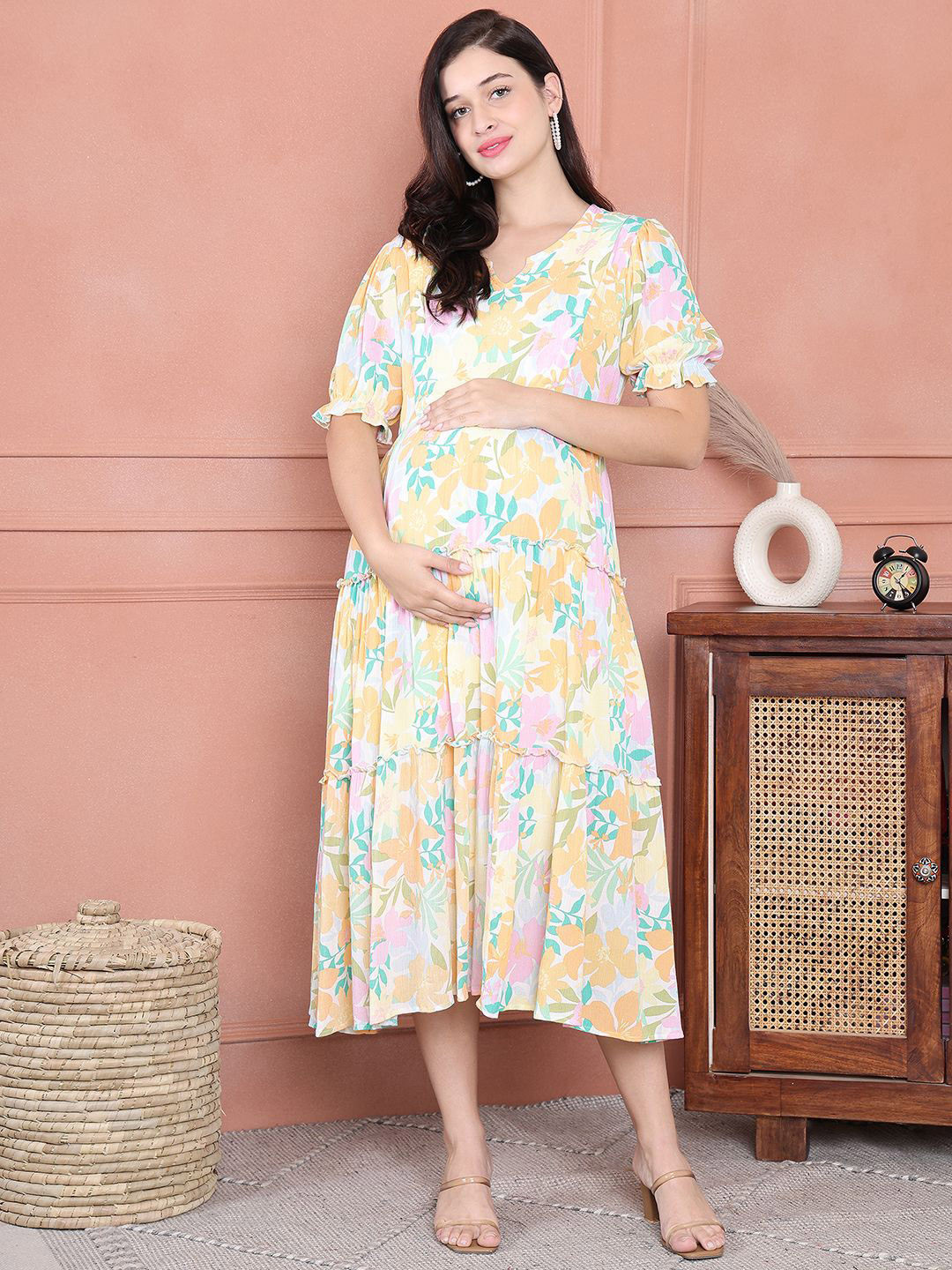 Secret Wish Floral Print Layered Maternity Fit & Flare Midi Dress