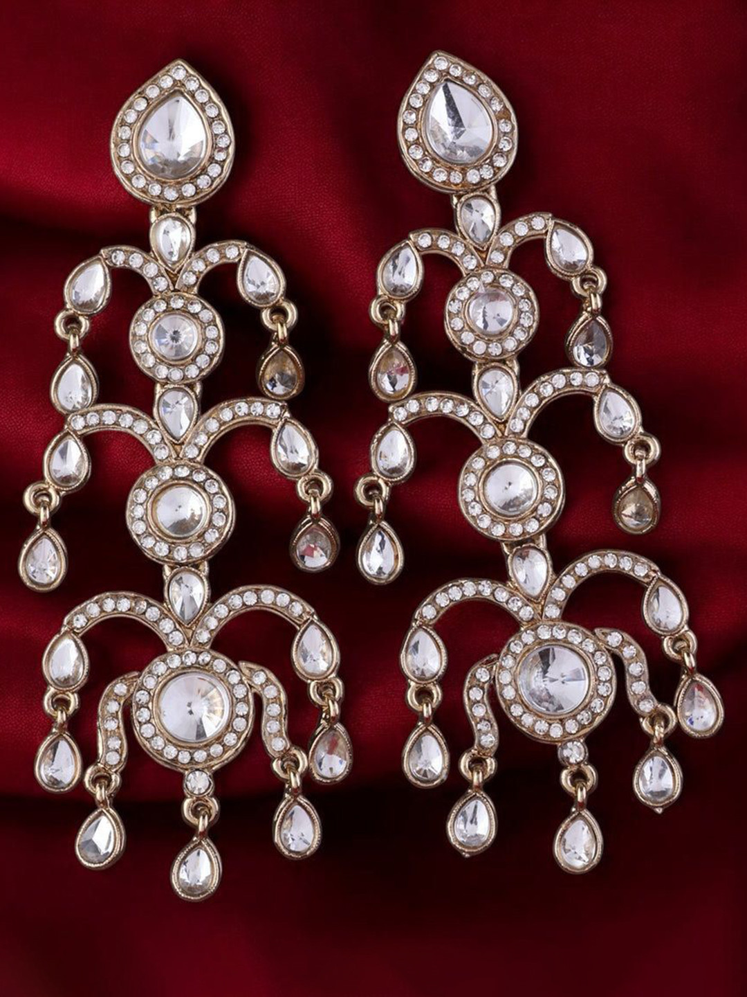 SHONA'S STYLE Brass-Plated Zircon Studded Long Teardrop Leaf Chandelier Drop Earrings