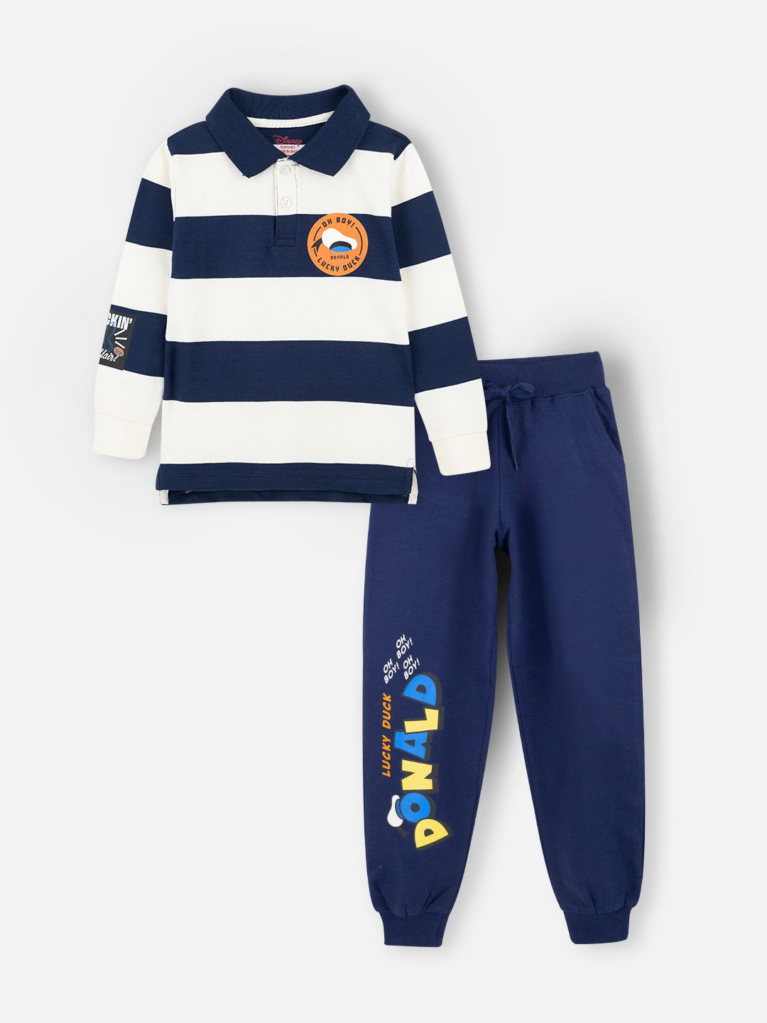 Nap Chief Kids Disney Donald Duck Printed Cotton Oversized Striped Polo Sweatshirt & Joggers