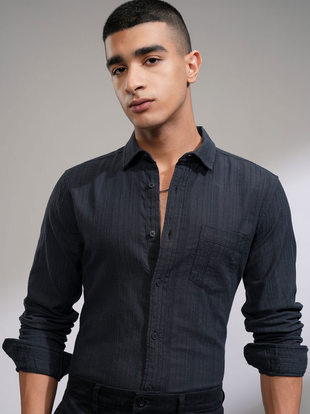 HIGHLANDER Men Fancy Yarn Dobby Textured Striped Relaxed Over Shirt
