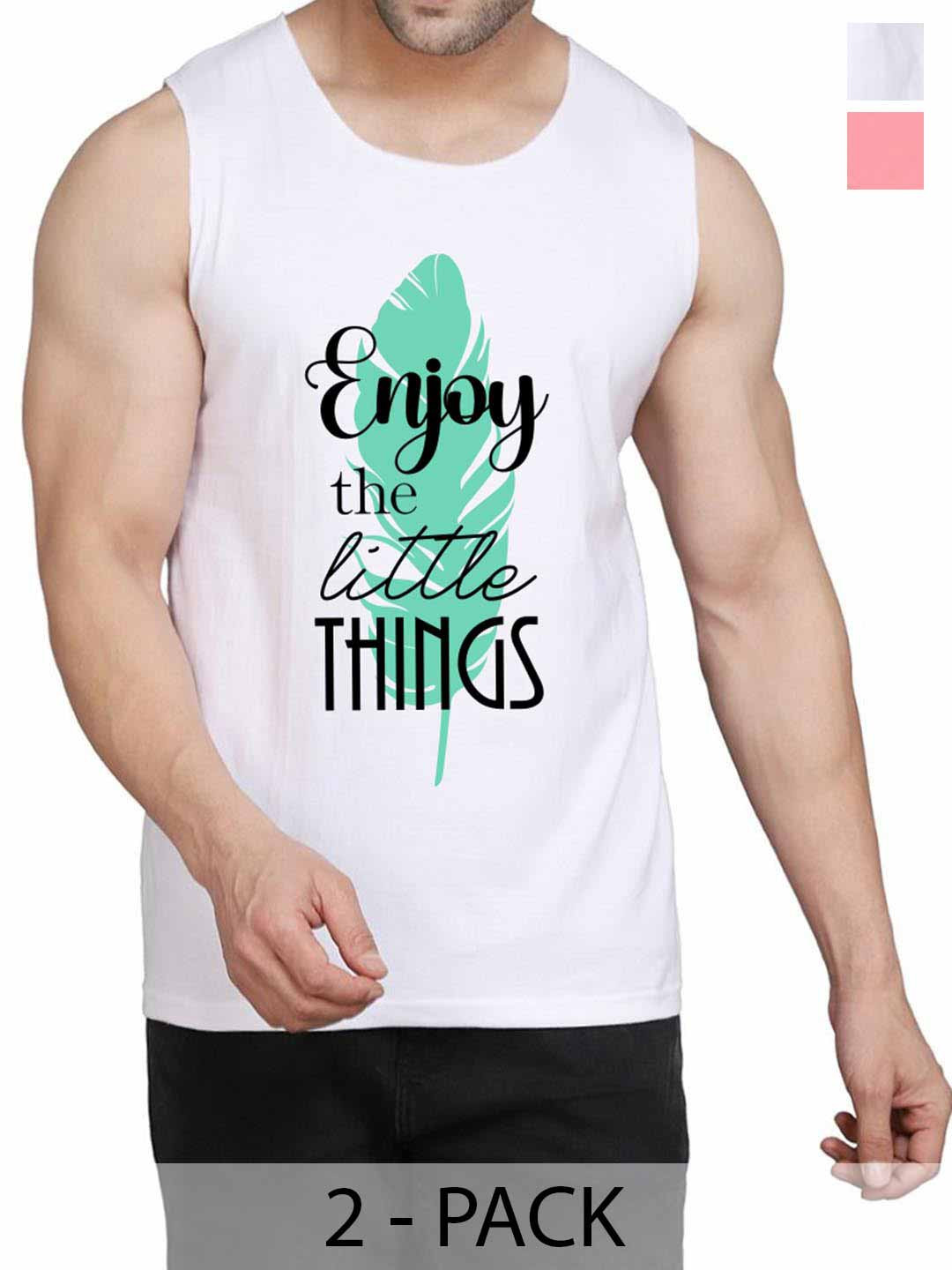 WOOSTRO Pack Of 2 Printed Gym Vests RS26 (ENJOY WHITE)(HARD PEACH)