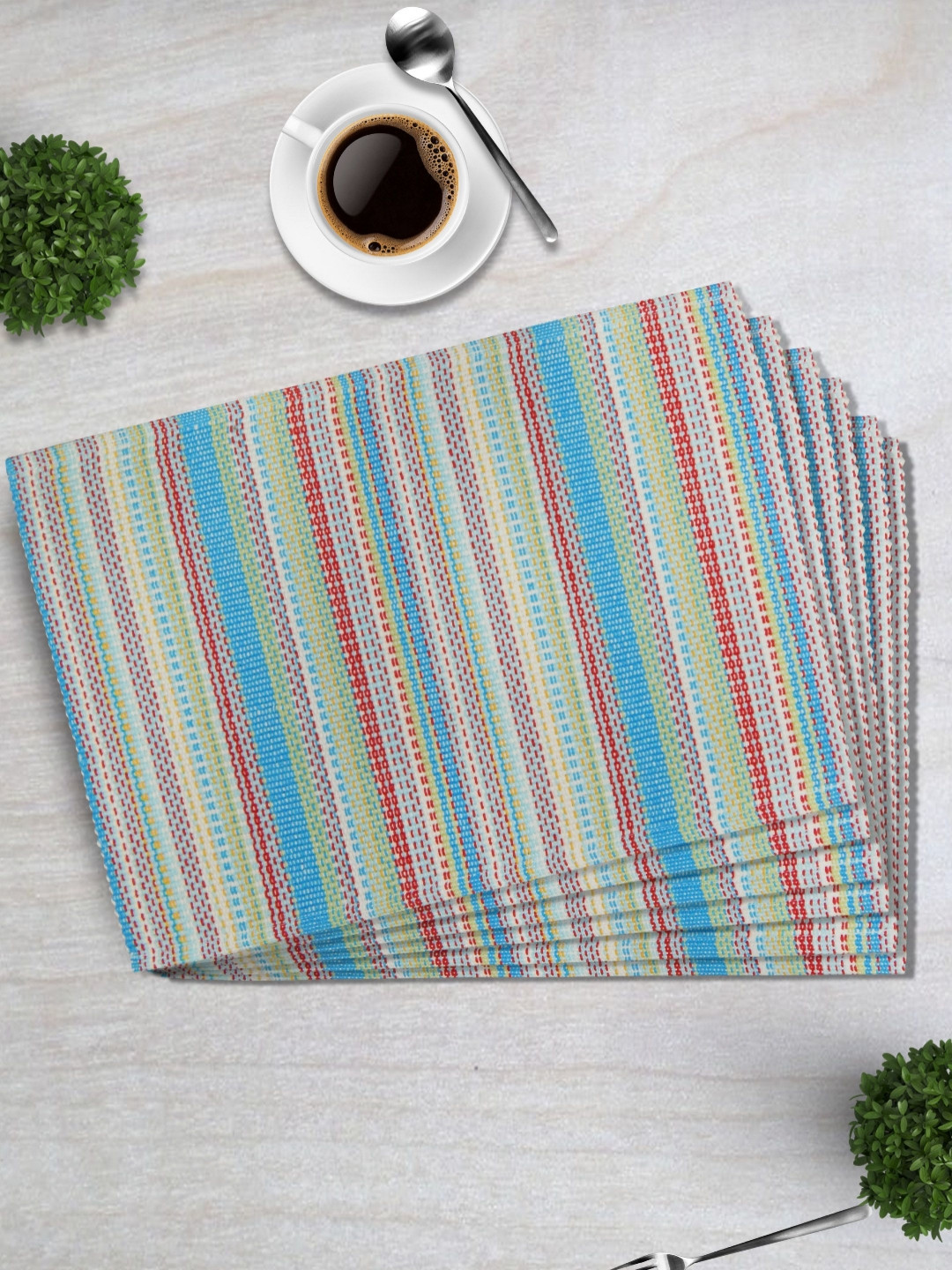 HOME COLORS.IN Blue & Red 6 Pieces Ribbed Cotton Heat Resistant Table Placemats