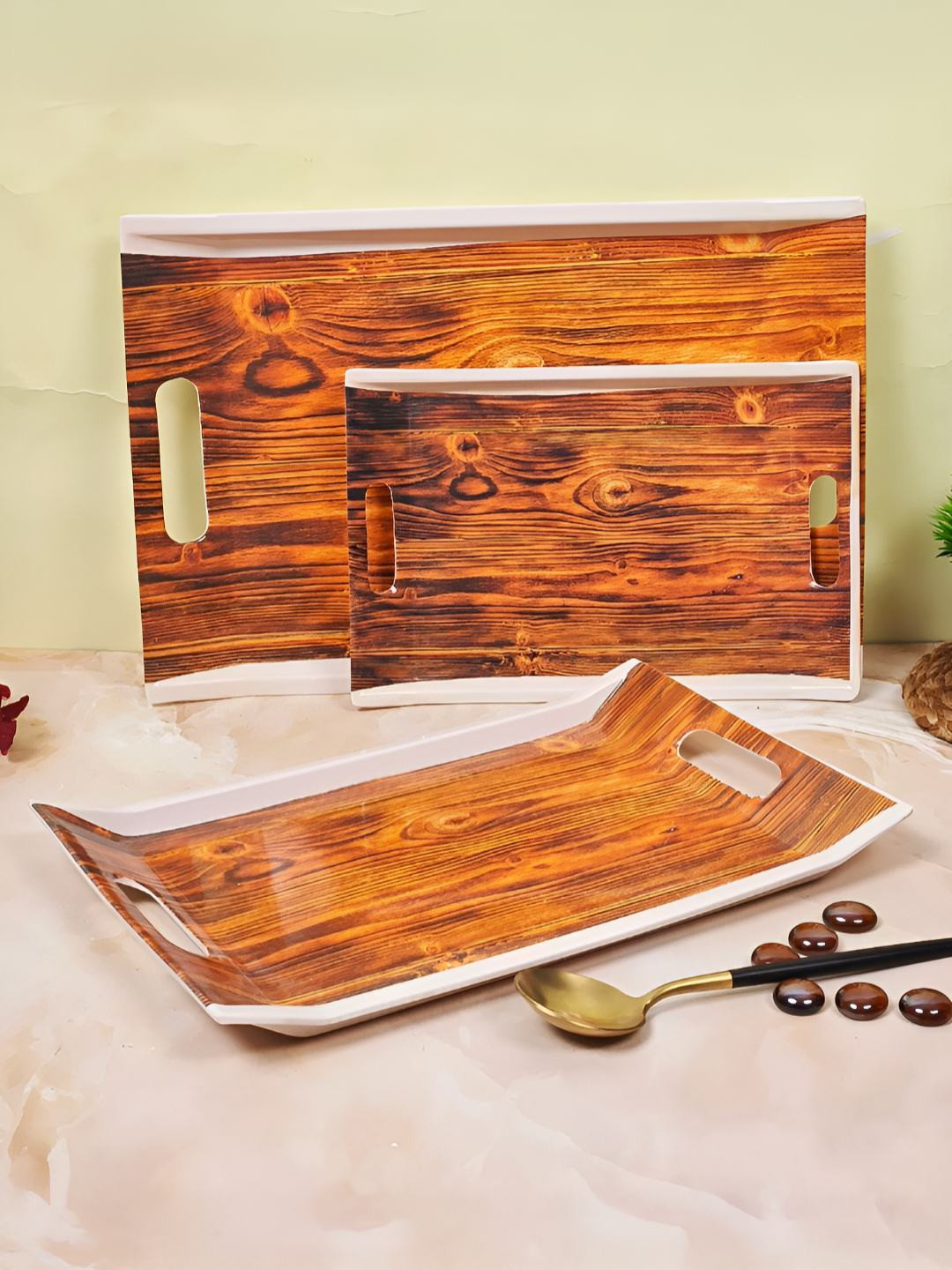 UPC Brown And White 3 Pieces Printed Melamine Dishwasher Safe Serving Tray