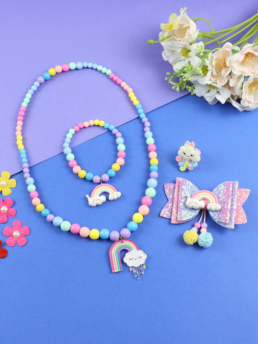 Asthetika Kids Girls Rainbow Charm Beaded Necklace Bracelet & Ring With Hair Clip  Set