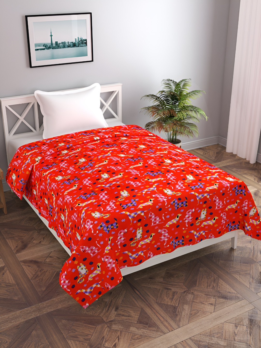 BREVARD Red & Yellow Printed Flannel 190 GSM Single Bed Duvet Cover With Zipper