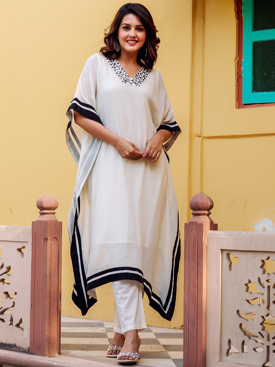 MISSPRINT Mirror Work Georgette Kaftan Kurta With Trouser