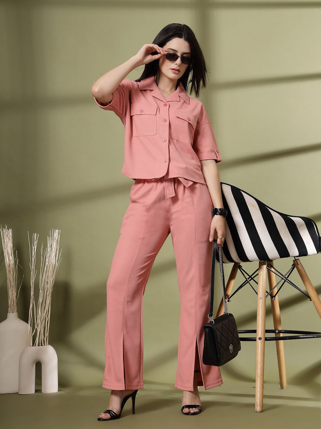 CHKOKKO Self Design Shirt Collar Casual Summer Co-ords