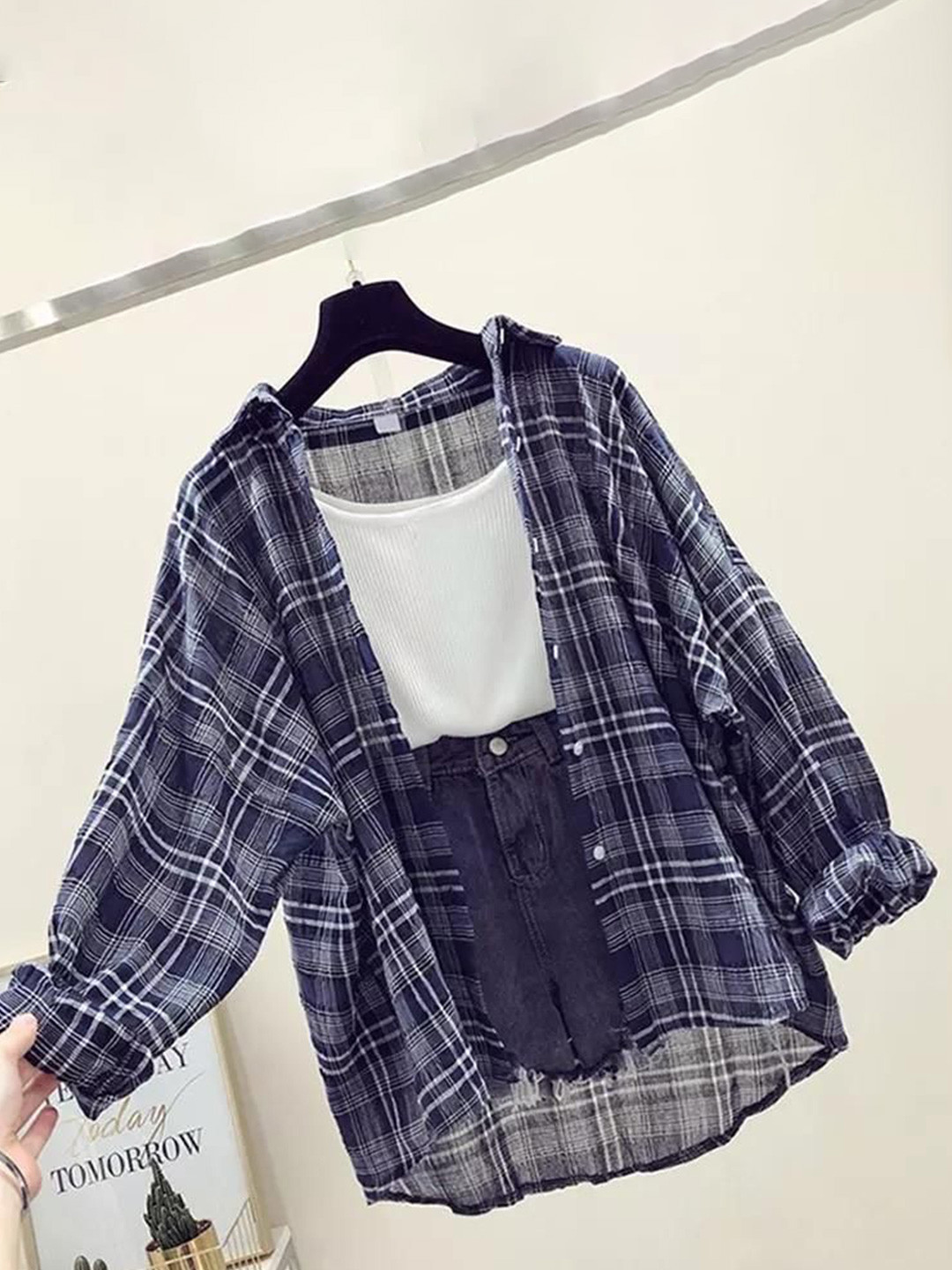 Miss Mosa By Akanksha  Blue Plaid Streetstyle Shirt (ONLY SHIRT)