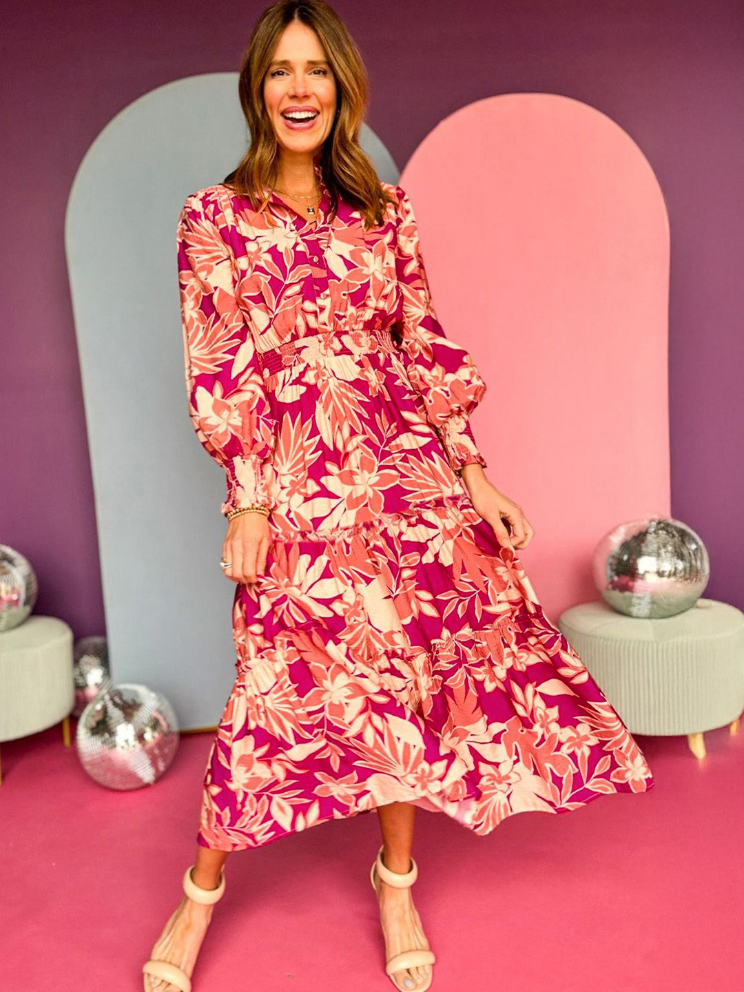 Errabelly Women Bell Sleeve A-Line Rose Floral Print Bottoned Smoked High Waist Maxi Dress