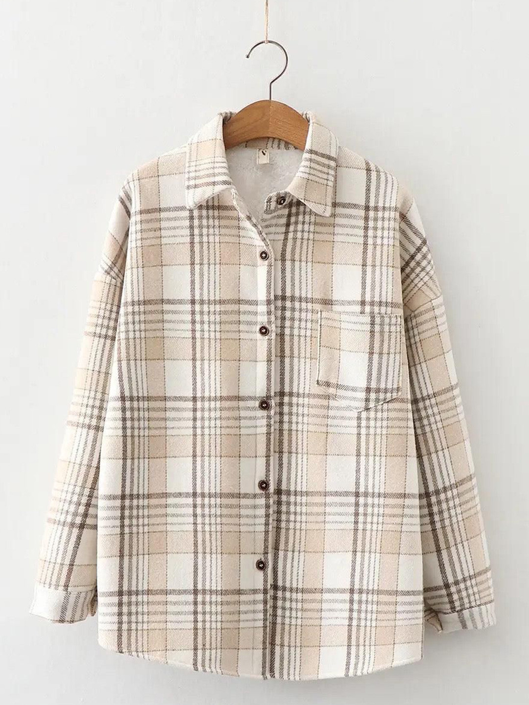 Miss Mosa By Akanksha  Beige Spread Collar Serenity Fleece-Lined Plaid Shacket