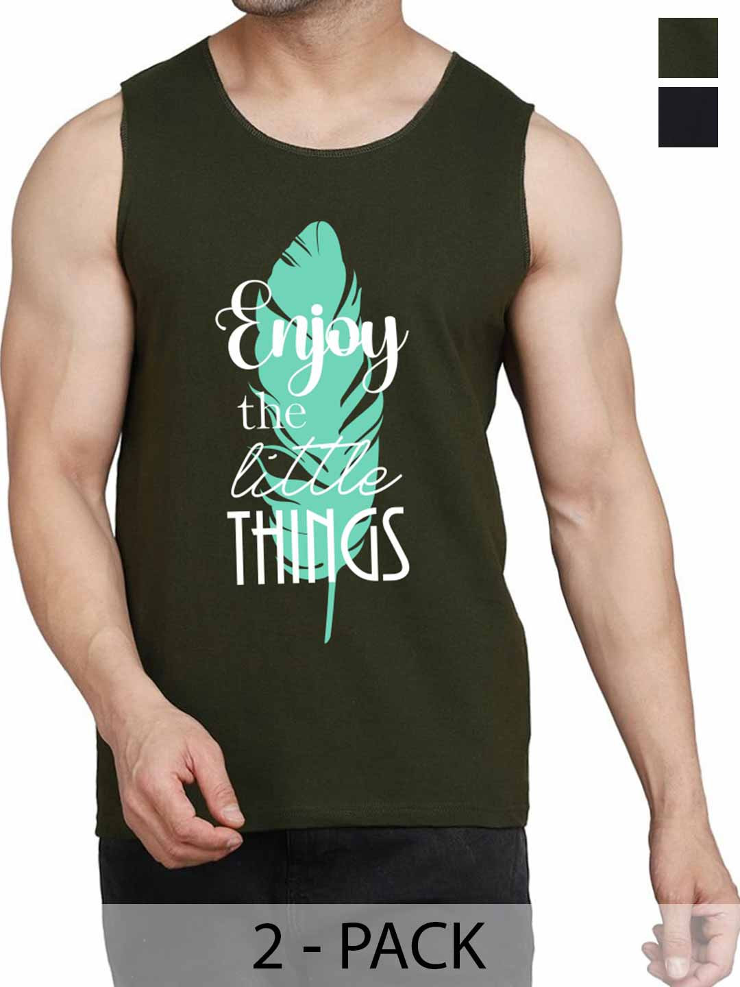 WOOSTRO Pack Of 2 Printed Gym Vests RS26 (ENJOY OLIVE)(HARD BLACK)