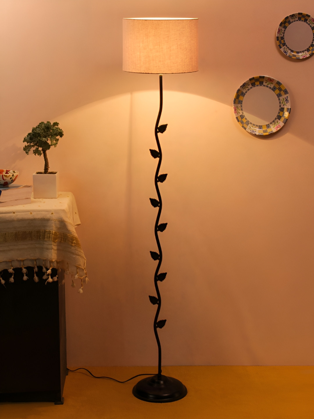 Devansh Black & Grey Leaf Drum Designer Cotton Floor Lamp With Shade