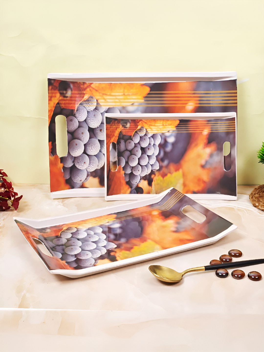 UPC Orange And White 3 Pieces Printed Melamine Dishwasher Safe Serving Tray