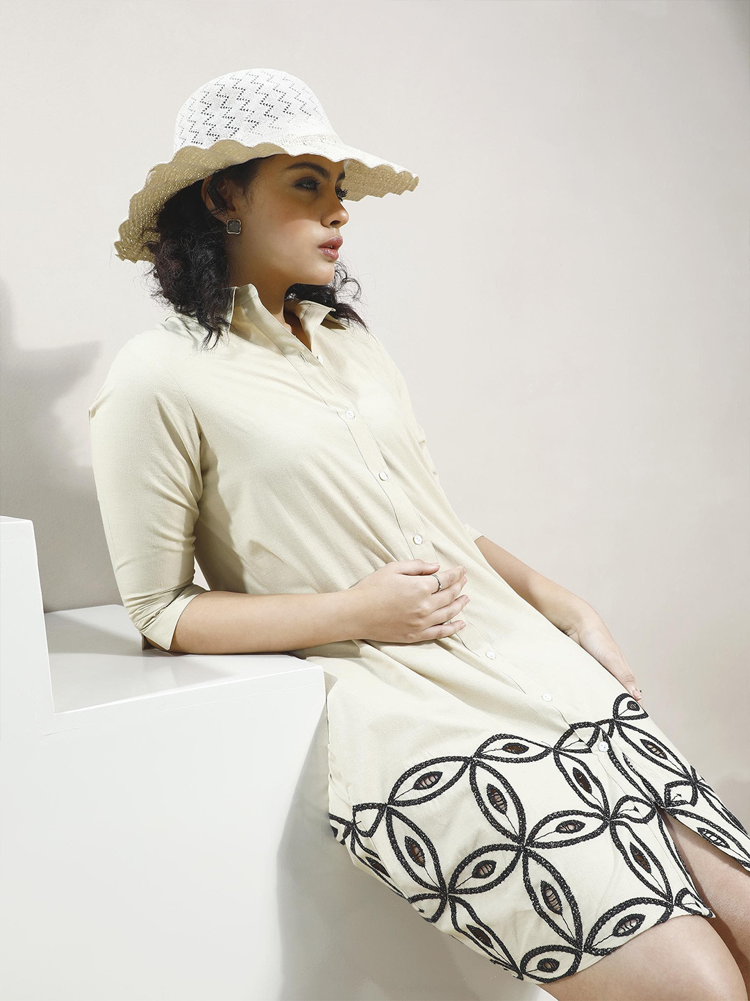 Boho By Athena Women Bohemian Embroidered Shirt Dress