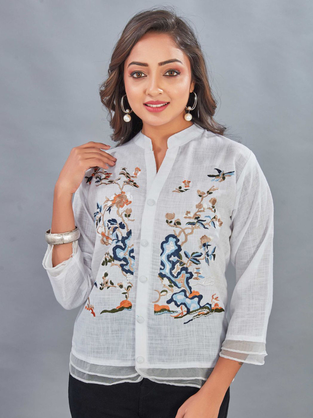 Flossy Women Mandarin Collar Embroidered Tunic