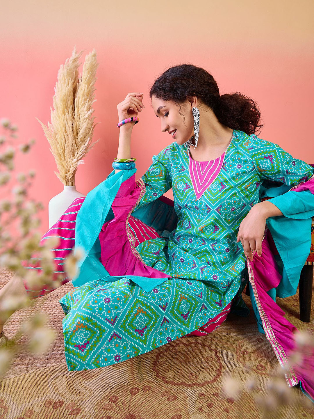 Sangria Bandhani Printed Pure Cotton Round Neck Kurta With Trousers & Ruffled Dupatta